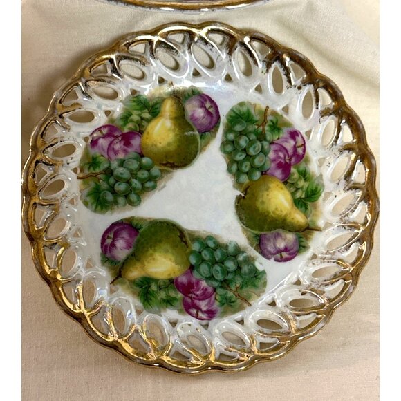 Fruit Motif Fan Crest Lusterware Saucer Trinket Dish Iridescent Set of 2 Vintage - Picture 4 of 11